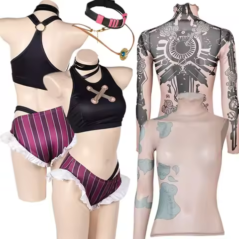 Arcane Jinx Cosplay Bikini Swimsuit Costume Adult Women LoL Roleplay Vi Shirt Necklace Outfits Hallo