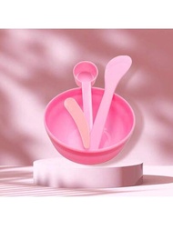 Set de 4 herramientas de belleza para mujeres: Simple tazón de mezcla en rosa para mascarillas faciales, cuchara, brocha para mascarillas, cuchara en forma de media luna para crema de ojos