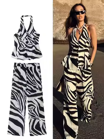 HH Female Summer Vintage Zebra Print Suit Sleeveless Backless Single-breasted Halter Neck Vest Top+H
