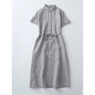 A Linen One-Piece Dress Mid-Length Version Short-Sleeved Casual Style Cotton Shirt 8888 HFTI
