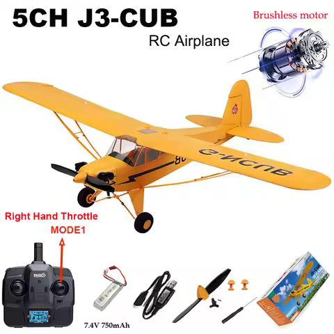 New J3-CUB RC Airplane 5CH 2.4G Remote Control Mode1 (Right Hand Throttle) 3D/6G 1406 Brushless Moto