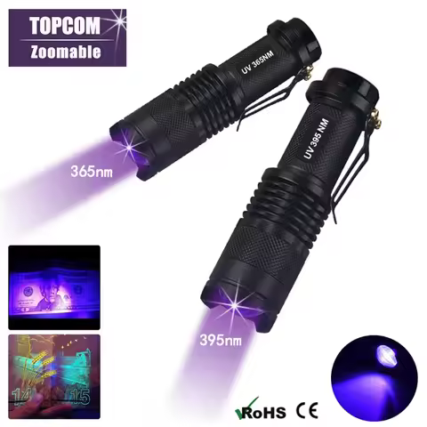 TopCom Portable Mini LED UV Flashlight Zoom 365nm 395nm UV Light Ultraviolet Lantern For Money Bed B