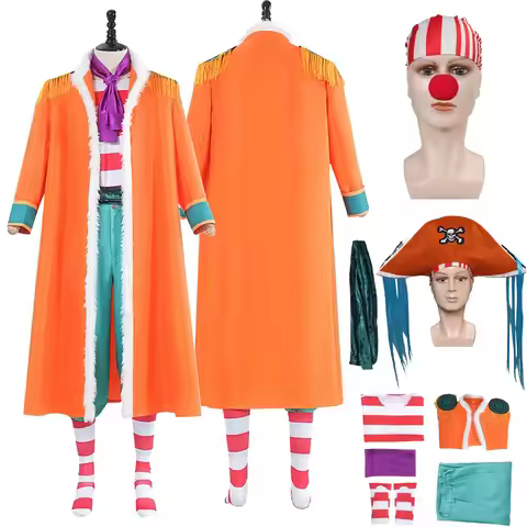 Fantasy Men Buggy Cosplay Costume Coat Pants Striped Shirt Hat Scarf Red Nose Anime Outfits Fancy Ha