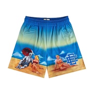 EE American-style trendy brand shorts with illustration design, quick-dry mesh, quarter-length, belo