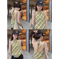 Y9270 2-Piece Set Sleeveless Shirt Beautiful Yellow Plaid Pattern The Back Is Decorated With A Bow T