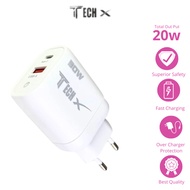 TECH X Charger Head DM01 Dual Port USB A Type C Fast Charging Max 30W