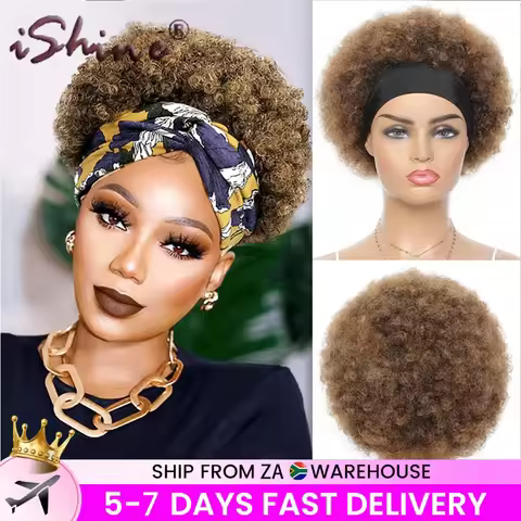 Afro Puff Curly Wig Short Headband Curly Wig Head Wrap Wig Brazilian Human Hair Wigs for Black Women