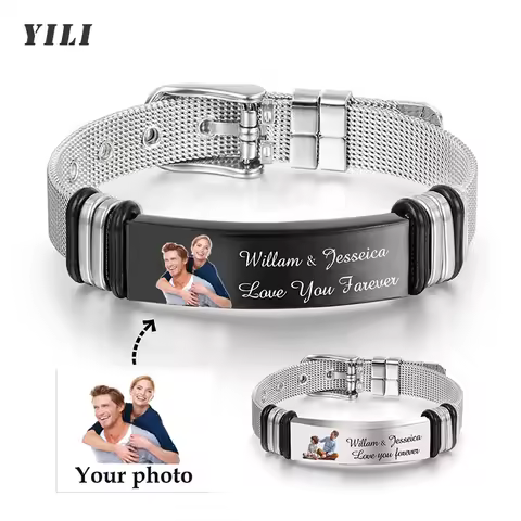Personalized Picture Bracelet for Men Custom Stainless Steel Engraved Photo & Text Name Adjustable I