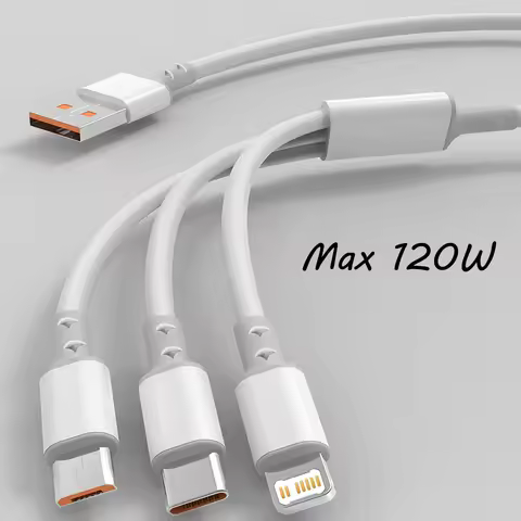 120W 3 in 1 USB Cable 1.2M Fast Charge Wire Charge For iPhone Micro Type-C Multi-port USB PD Data Co