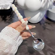 Stainless Steel Round Spoon Net Red Golden Dinner Long Handle Stirring Dessert Spoons For I6e6