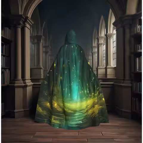 Glowing Emerald Magical Enchanted Forest Viking Goddess Long Hooded Cloak Witch Medieval Costume Cos