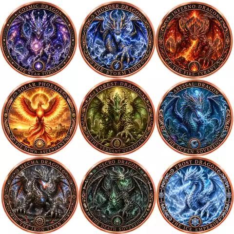 9pcs Elemental Dragon 1 OZ .999 Fine Copper Coin Fire Ice Dragon Coin Fantasy Myth Creature Collecti