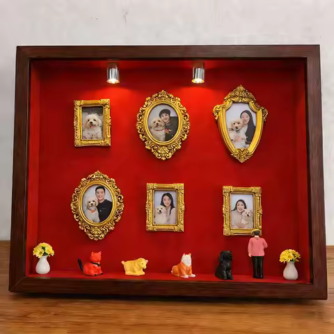 DIY Mini Museum Silhouette Box Memory Display Kit With Miniature Cat Statue And Gold Frame Romantic 