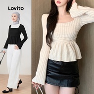 Lovito Autumn T-Shirt and Winter Casual Plain Ruched Square Neck T-Shirt for Women LNE29197
