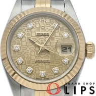 二手勞力士Datejust女士腕錶，10顆鑽石，電腦顯示錶盤，Datejust女士腕錶69173G(U)，18K黃金/不鏽鋼材質，香檳色顏色，1997年，品相極佳。