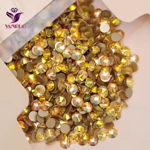 YANRUO 2058NOHF All Sizes Metallic Sunshine Gold Glitter Rhinestones Glass Stones Glue on Nails Clot