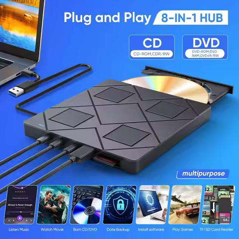 External CD/DVD Drive with 2 USB Ports,2 type-c port and TF/SD Card Slots Portable CD DVD Burner Pla