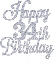 Happy 34th Birthday Cake Toppers Sliver Glitter, Cheers to 34 Years Old Bday Decoration 34th Anniver