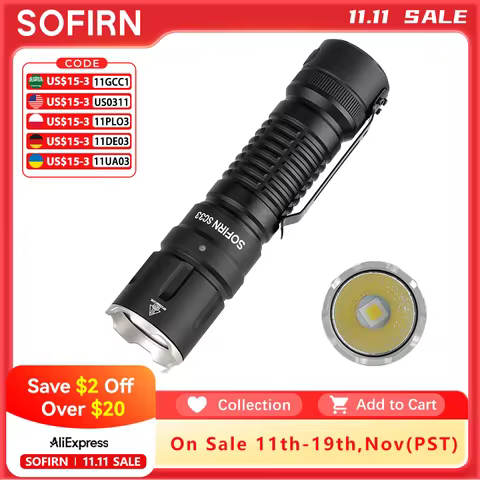 Sofirn SC33 XHP70.3 HI LED 21700 Rechargeable Tactical Flashlight 5200lm USB C with Tail E-switch Ou