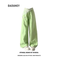 DaDuHey Jeans Women Sweet Cool Draped Wide Leg Slim Loose Straight Apple Green Pants
