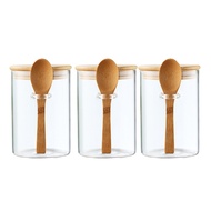 Glass Sealed Jar Transparent Glass Canister with Spoon Wooden Lid Food Storage Jar for Coffee Beans 