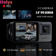 HOLYS Car DVR, HD Recording IR Night Vision Vehicle Recorder,  360° View 3 Channels Car Dashcam Driv