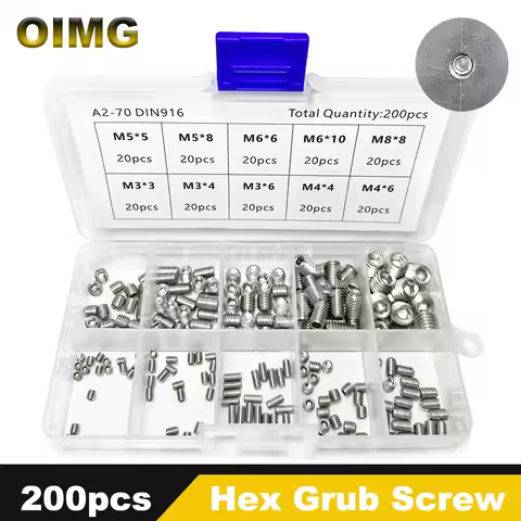 200pcs Hex Socket Set Screw Cup Point Stainless Steel Allen Head Grub Screw Headless M3 M4 M5 M6 M8 