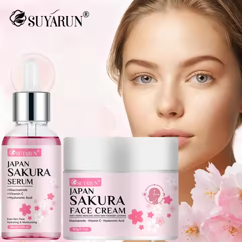SUYARUN Cherry Blossom Skincare Set - Moisturizing Cream & Serum, Gentle Fragrant Formula, Perfect T