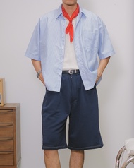 Compose. | Fine Stripe-Cropped Shirt in Blue/White | เสื้อเชิ้ตแขนสั้น ทรงครอป ผ้า Oxford ลายริ้ว สี