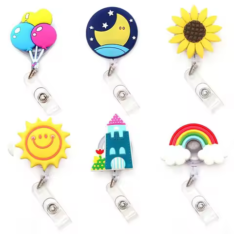 New Cute Rainbow Sun & Balloon Silicon Retractable Pull Badge Reel ID Lanyard Name Tag Card Badge Ho