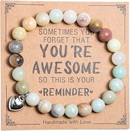 Natural Healing Stone You’re Awesome Heart Beaded Strand Adjustable Bracelet with Meaningful Card In