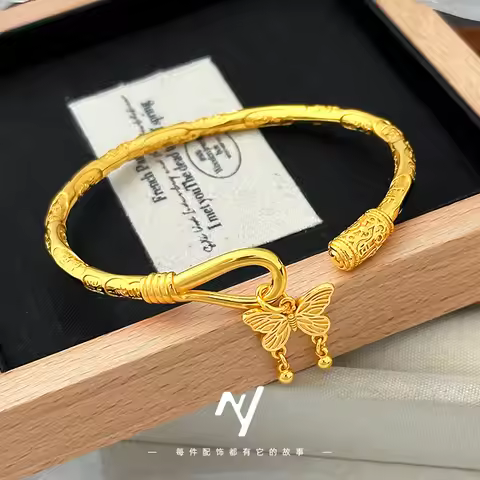 Skin Flattering Mantra Butterfly Bell Open Bangle For Women 24K Gold AU999 Soft gold luster flatters