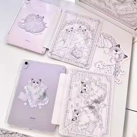 Pink Kawaii Cat For iPad Case iPad Pro 13/11/Air 6/10/Mini & iPad 9th Cute Transparent Acrylic Y-Fol