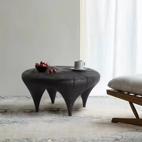 Black Wabi-Sabi Tea Tray Handcrafted Round Cocktail Table Solid Oak Accent Table for Tatami Rooms Ze