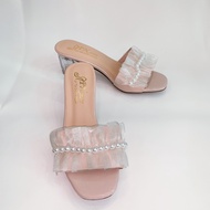 Guốc/Dép cao gót vuông trong 5p quai phối ren kết chuỗi LZ173