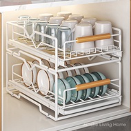 Kitchen household draining bowl rack, countertop layered cabinet, drawer-style pull-out basket, dish