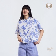 C&D Womans Blouse Blue Flower stitch เสื้อผู้หญิง คอตั้ง แขนสั้น สีน้ำเงิน CC6NBU