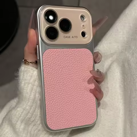 Luxury Large Window Lychee Textured Leather Phone Case For iPhone 13 14 15 16 17 Pro Max Lens Protec