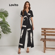 Lovito Casual Geometric Smocked Jumpsuit for Women LBL18272