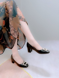 Giày Nữ Đế Vuông Cao Gót 5p Đính Nơ Đá Thời Trang Guốc Công Sở Nữ Mũi Vuông Da Mềm NUDDO _ N308D