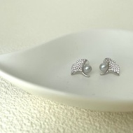 銀杏葉 天然海水珍珠 真多麻 滿鑲鑲嵌 純銀 耳環