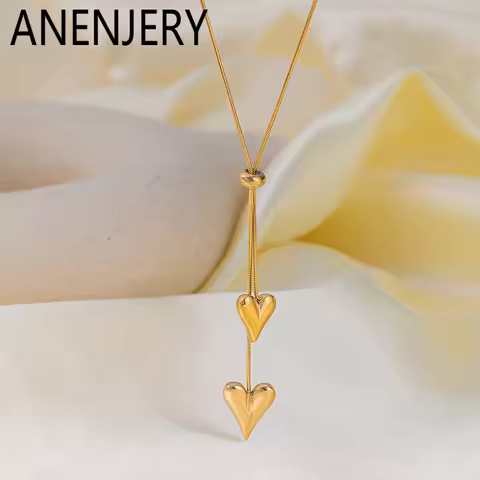 ANENJERY 316L Stainless Steel Heart Beads Pull Necklace for Women Men Sweather chain Cool Simple Jew