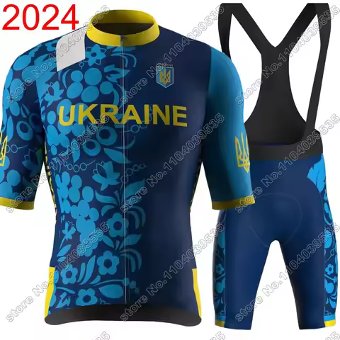 2024 Ukraine Cycling Jersey Set National Team Blue Short Clothing Road Bike Shirts Suit Bicycle Bib 