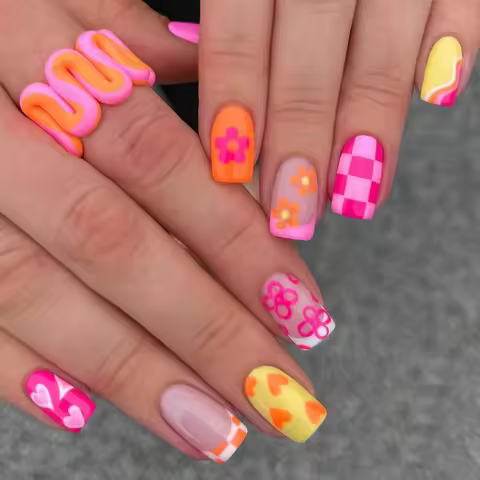 24PCS Short False Nails With Rose Leaf Design Pressed On The Nails, Glossy Glue, Black Full Coverage