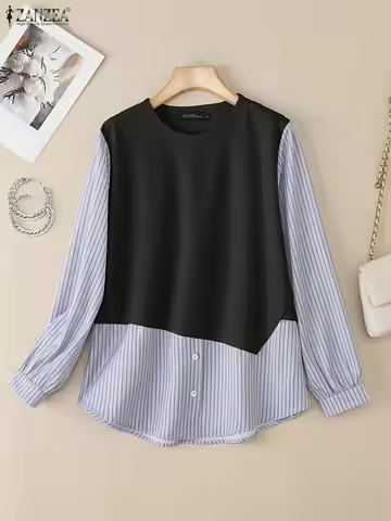 ZANZEA Fashion Autumn Shirt Women Blouse 2025 Casual O Neck Long Sleeve Tops Fake 2 Piece Hoodies Fe