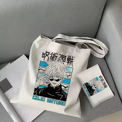 Gojo Satoru Jujutsu Kaisen Otaku 2 Pcs Burlap Tote Bag Set, Large Capacity Shoulder Bag, Reusable Sh