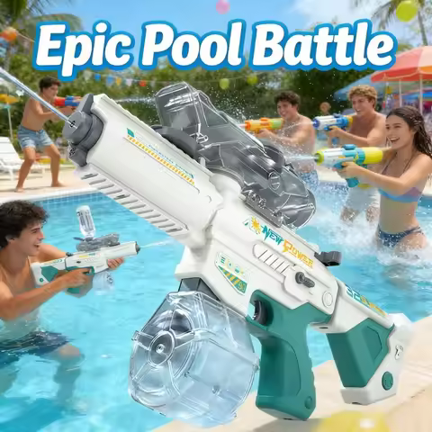 M416 Tactical Electric Water Gun, White Blue Automatic Water Blaster with Large Drum for Kids Adults