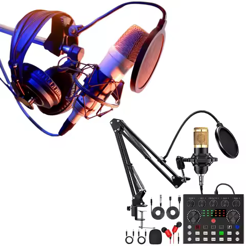 Podcast Microphone Bundle with BM800 Microphone and V8 Sound Card Double-Layer Pop Filter for Window
