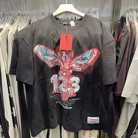 Heavy Fabric Cotton Washed Black Letters Logo Print RRR-123 T Shirt Tee Men Women Oversized Red Grap