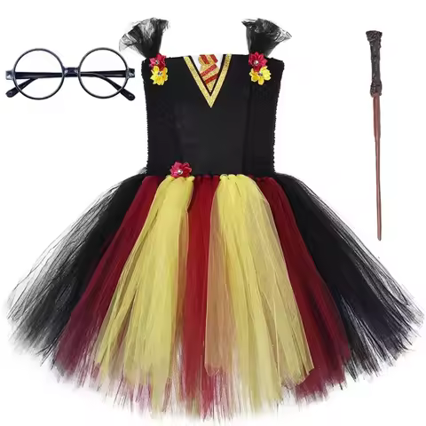 Kids Harri Poter Costumes for Girls School of Wizardry Fancy Dresses with Magic Wand Glasses Childre